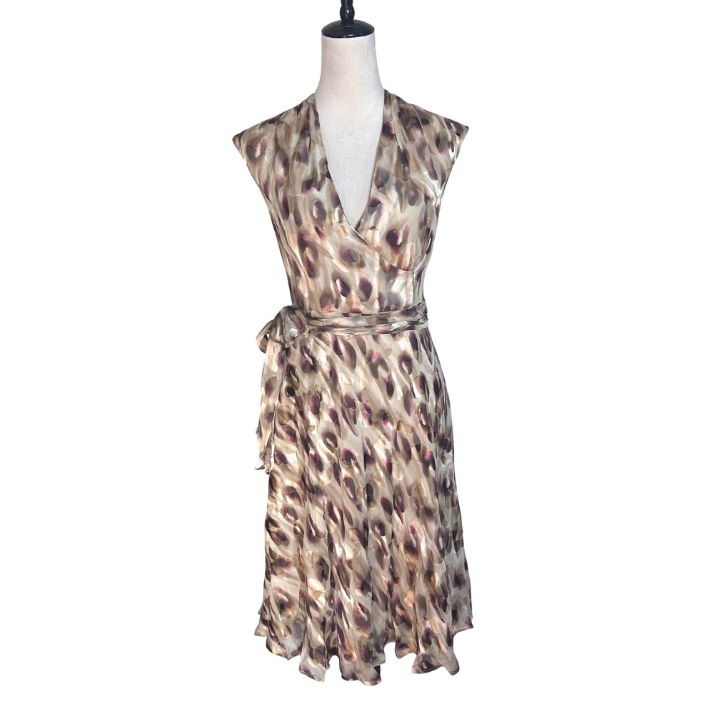 Jones New York Collection Silk Blend Wrap Dress Abstract‎ Print Taupe Plum Sz 8